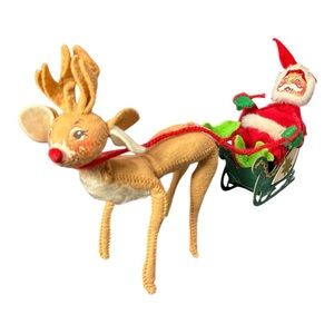 Vintage Annalee Mobilitee Posable Rudolph & Santa in Cardboard Sleigh